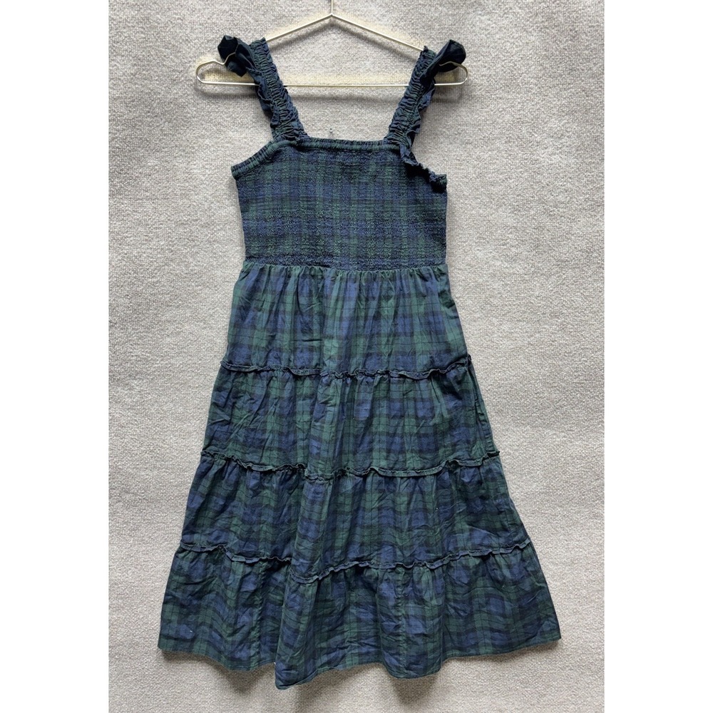J Crew Sun Dress Womens Small Green Plaid Smocked Tiered Midi Preppy Cottage EUC